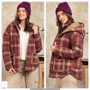 Plaid Hooded Jacket - Brown and Red